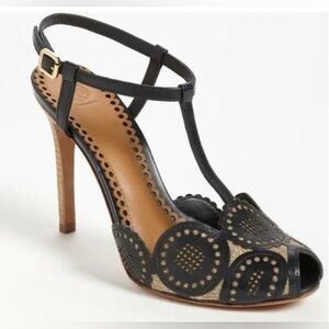 Tory Burch Navy/Tan Alexa Cutout Peep Toe Pumps Size 7-1/2M